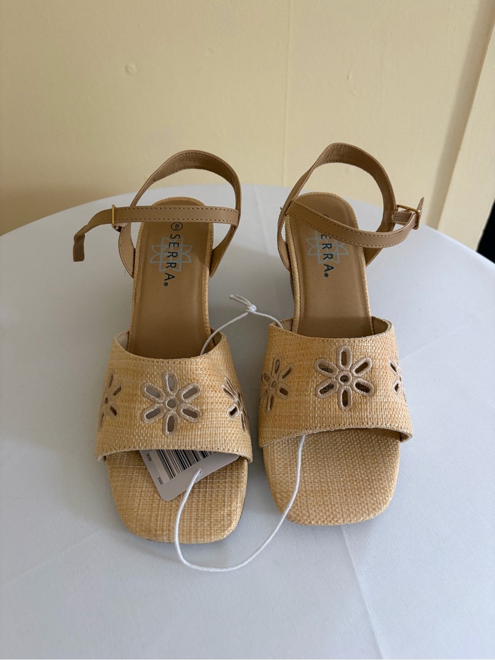 SERRA Tan Woven Floral Cutout Block Heel Sandals